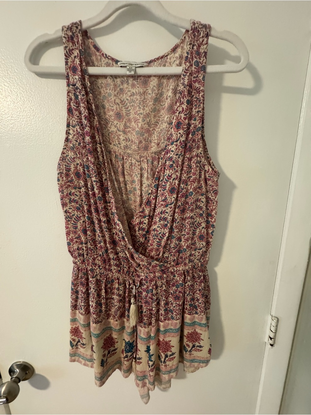 American Eagle Boho Floral Sleeveless Surplice Waist Romper- Cream & Pink